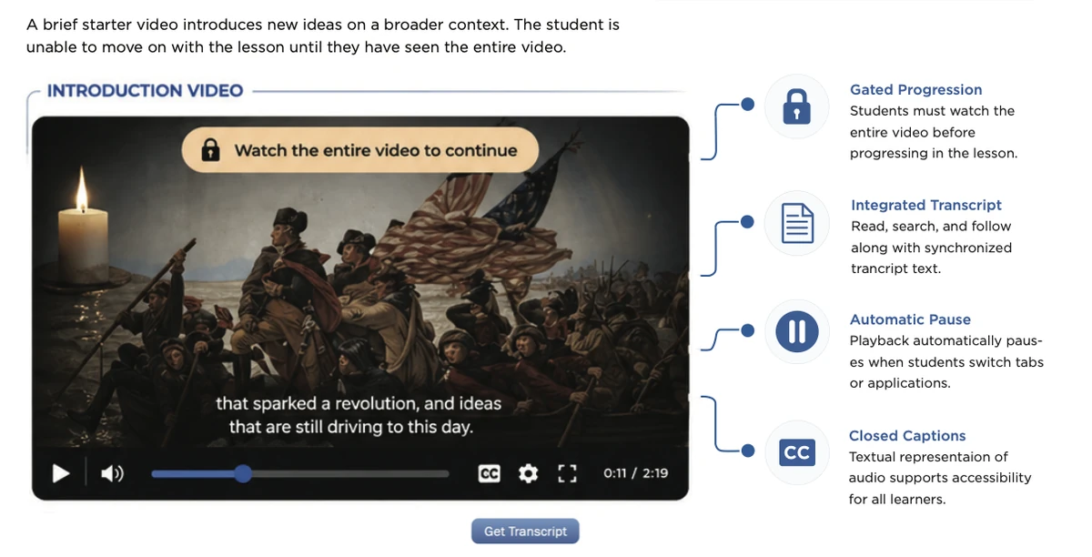 SchoolsPLP lesson preview with video, a transcript, and closed captions.